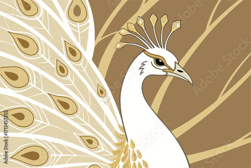 Elegant 3d render of a majestic white peacock adorned with intricate golden embellishments and vibrant plumage