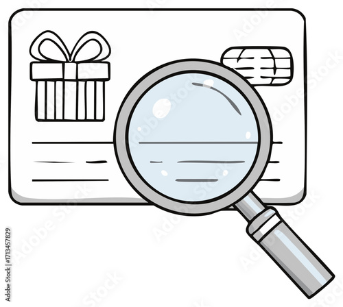 Magnifying Glass Inspecting Card Cartoon Illustration Gift Spending and Financial Detail
