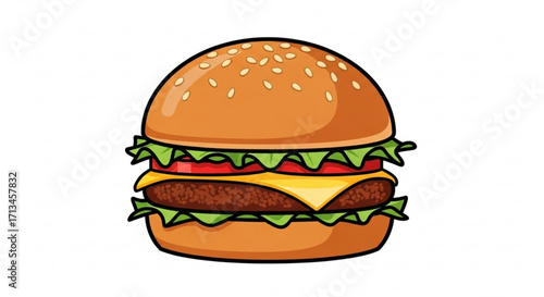 Delicious burger with sesame bun, cheese, tomato, lettuce, and beef patty for fast food cravings craving 100