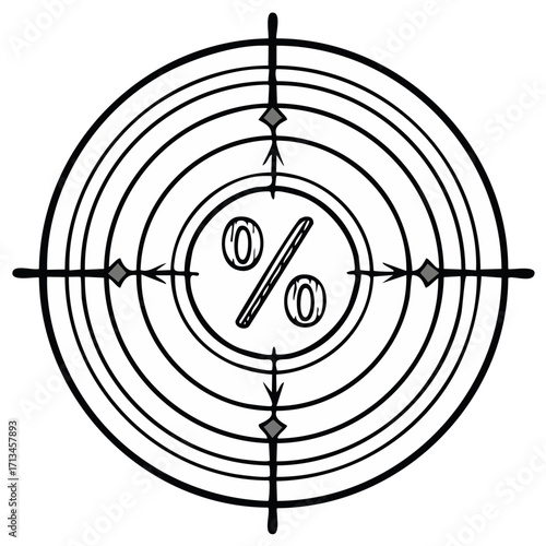 Financial goal or sales discount concept with a percent sign in the center of a target crosshairs