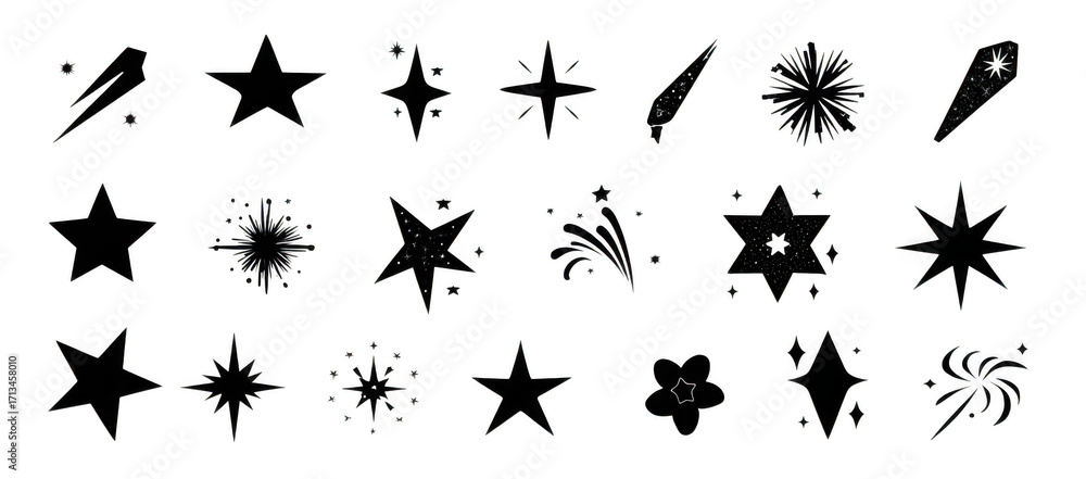 Fototapeta premium Black vector star icons collection featuring various designs, including stars with decorative elements and sparkles, perfect for graphic design projects