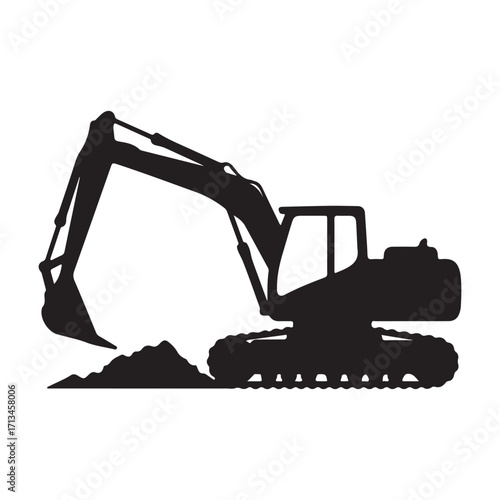 Excavator Silhouette Isolated on White Background Heavy Machinery in Construction and Earth Moving Black and White Vector Illustration
