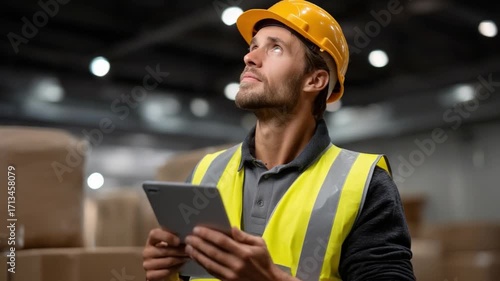 Warehouse manager analyzing inventory data industrial warehouse digital content indoor environment professional viewpoint logistics concepts