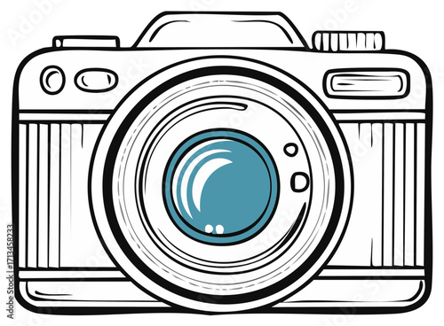 Front view sketch of a digital camera with a blue lens and black outlines