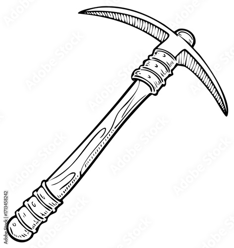 Hand-drawn monochrome pickaxe vector illustration. Cartoon style wood and steel tool for mining or breaking rock.