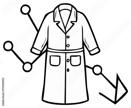 Outlined lab coat with downward trending graph, symbolizing scientific analysis and research in a simple design, medicine.