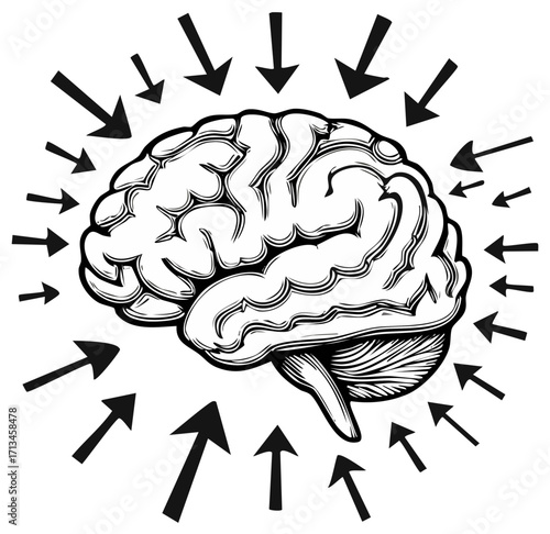 Brain with arrows pointing inwards, concept of stress, pressure, or focus