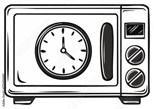 Microwave with clock element in black and white illustration
