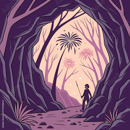 A lone figure holding a sparkler stands at the entrance of a cave watching fireworks explode in the twilight sky above bare trees