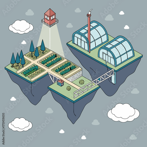 A fantastical isometric illustration depicts a futuristic agricultural and industrial complex on floating islands connected by bridges with a watchtower overlooking the scene