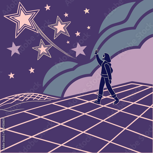 A lone figure walks across a grid like landscape reaching towards a sky filled with shooting stars and stylized clouds in a dreamlike scene