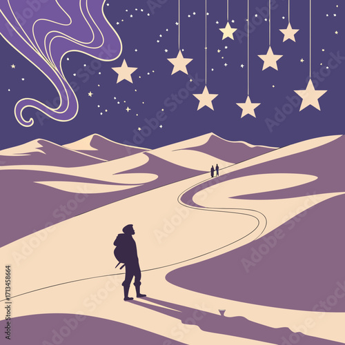 A lone traveler gazes at a winding path through desert dunes under a starry night sky with hanging stars and ethereal wisps