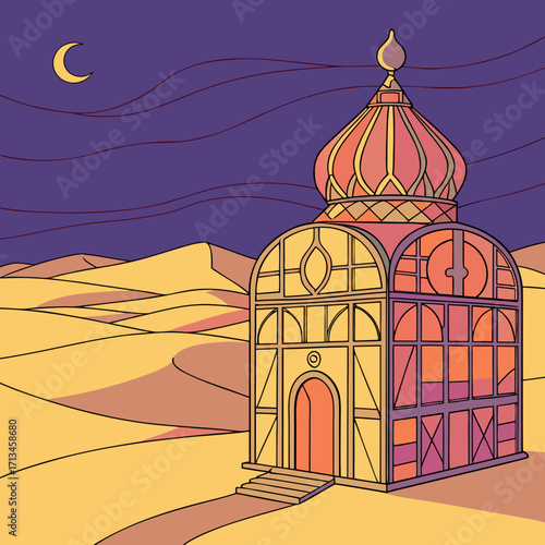 A mystical desert oasis building with a dome and stained glass windows under a crescent moon and purple night sky