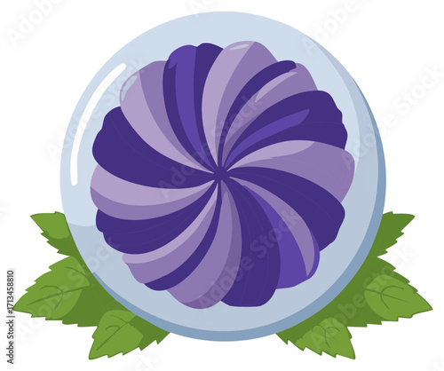 Swirled purple grape and mint flavored hard candy bonbon with fresh green leaves vector illustration