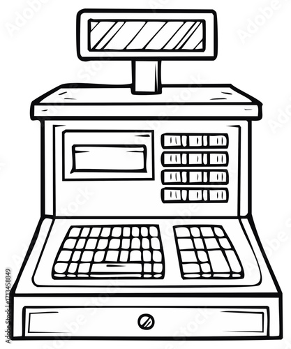 Detailed Outline Illustration of a Vintage Cash Register for Coloring Books or Line Art Projects