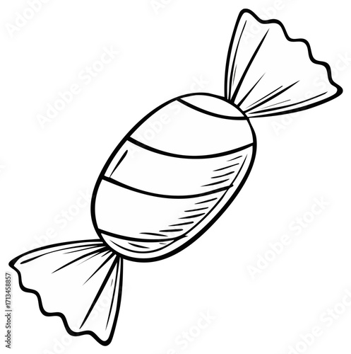 Hand drawn outline illustration of a single wrapped striped sweet candy or sugary treat