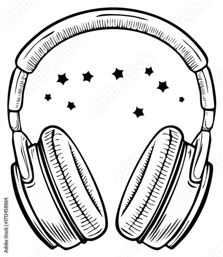 Stylized black and white drawing of over ear headphones with scattered stars