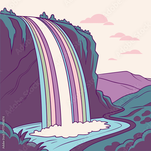 A whimsical pastel rainbow waterfall cascades down a rocky cliff into a serene river winding through rolling hills under a soft sky with gentle clouds