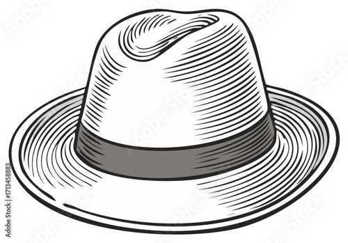 Elegant fedora hat black and white illustration with a grey band traditional accessory