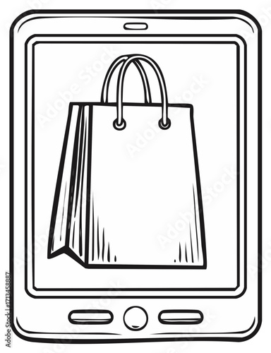 Online Shopping with Tablet: Bag Icon for E-commerce and Mobile Retail Sketch Style Black and White