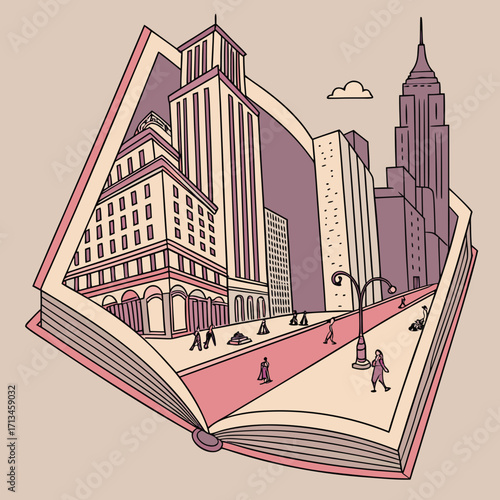 An open book transforms into a vibrant cityscape with iconic buildings and people walking on a street symbolizing imagination and storytelling