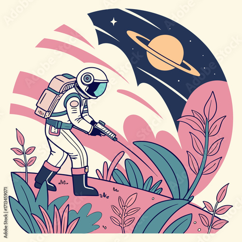 Astronaut exploring an alien planet with strange plants and saturn in the starry sky