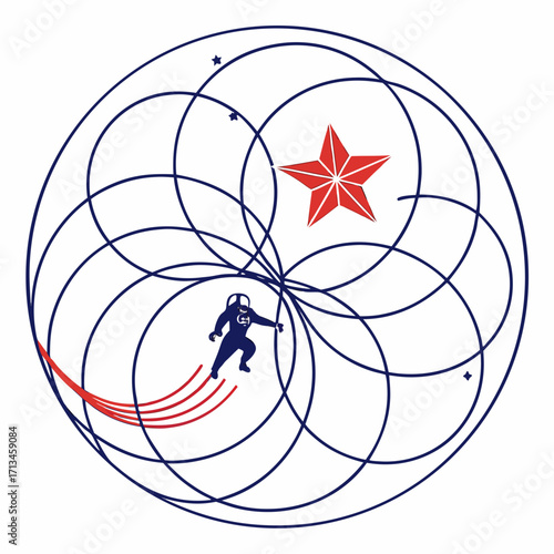 Astronaut in a stylized cosmic mandala with a red star and celestial elements exploring the universe
