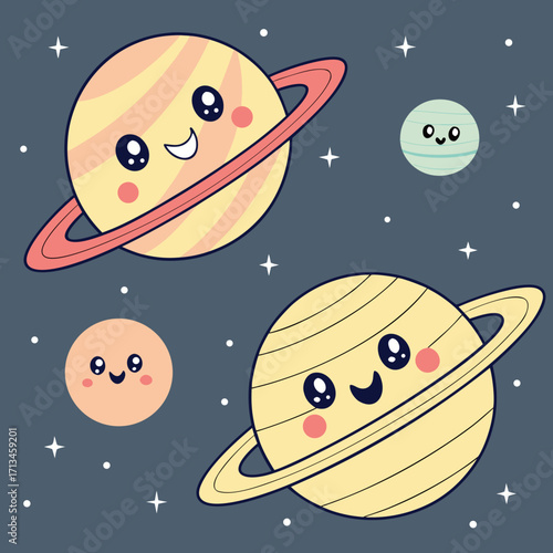 Cute kawaii planets with happy faces and rings floating in a starry dark blue space background vector illustration
