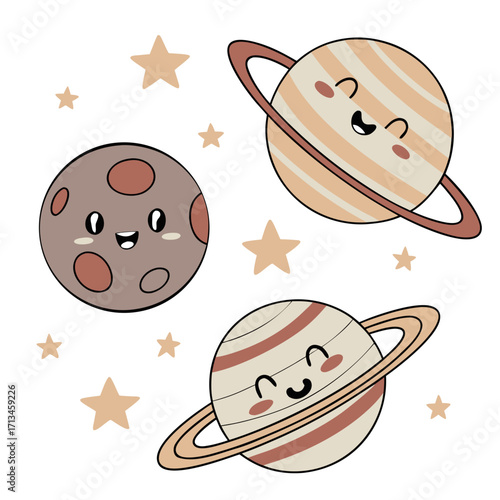 Cute cartoon planets with happy faces and stars in a whimsical space scene