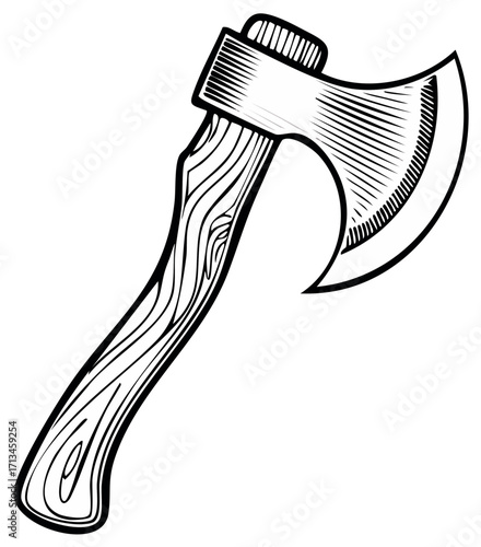 Illustrative axe with wooden handle for forestry lumber or logging in black and white design, graphics and icons