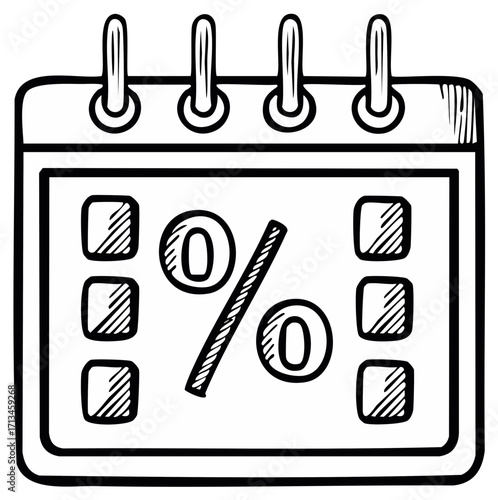 Hand drawn calendar with percentage symbols and squares for scheduling deadlines or discounts