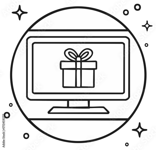 Computer Screen Displaying Gift Box Outline within Circular Border with Stars and Circles Design