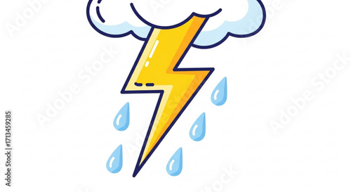 Cartoon thunderstorm illustration with lightning and rain drops weather forecast clip art vector design