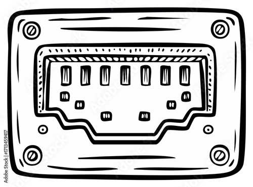 Hand-drawn sketch of a digital data port connection with multiple pins