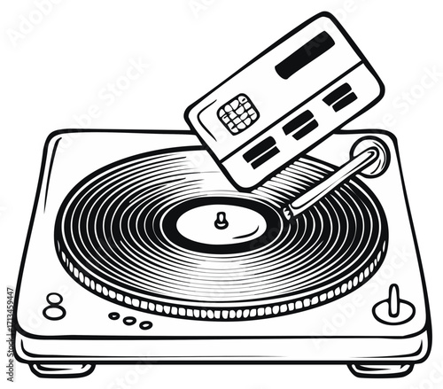 Credit card on vinyl record player turntable for music and finance concept