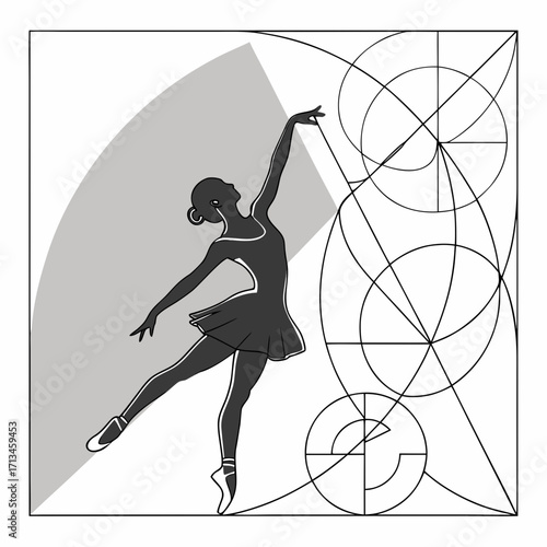 Elegant silhouette of a ballerina in a graceful pose against a backdrop of geometric shapes and fibonacci spiral design elements