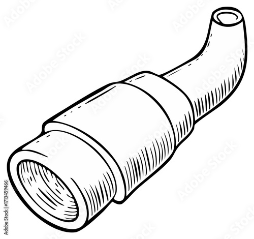 Monochrome drawing of a curved pipe fitting with banding and opening in a simple vector illustration