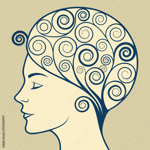 Elegant profile of a woman with swirling patterned hair representing creativity and imagination in a minimalist blue line art style