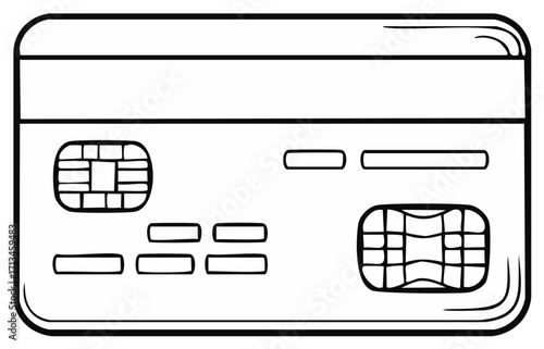 Stylized line art illustration of a modern credit card with chip and magnetic stripe