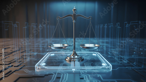 Justice scales stand for ethics in tech law, AI regulation, and cyber law solutions