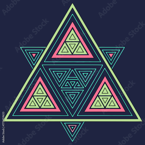 Intricate geometric fractal pattern composed of nested triangles in pastel green and pink outlines against a dark navy blue background