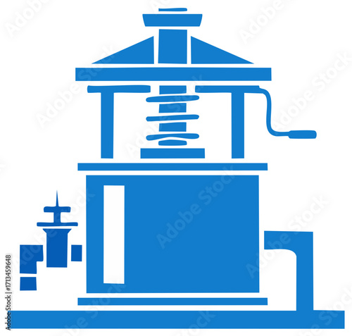 Blue silhouette icon of traditional fruit press or industrial manufacturing machine