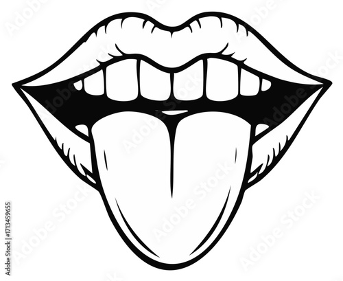 Black and white outline of lips sticking out tongue showing teeth