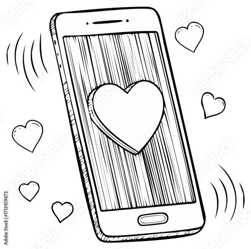 Smartphone with heart symbol on screen, love concept, doodle style illustration