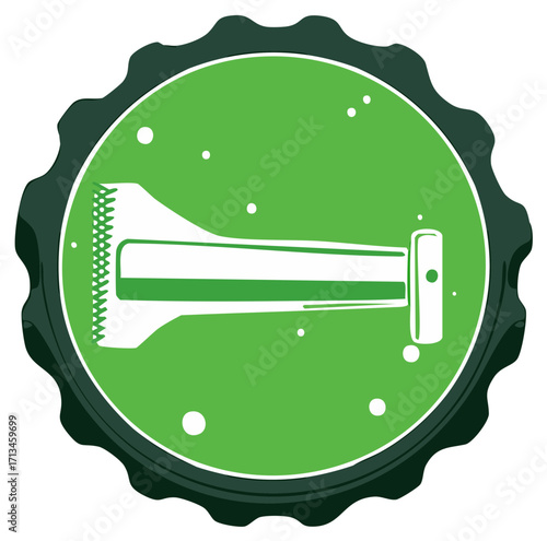 Green bottle cap with stylized cocktail jigger tool and effervescent bubbles graphic