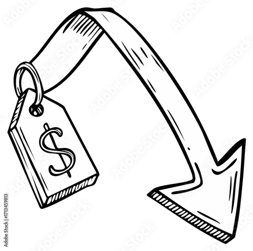 Dollar price tag moving down with an arrow symbolizing price drop or discount sale