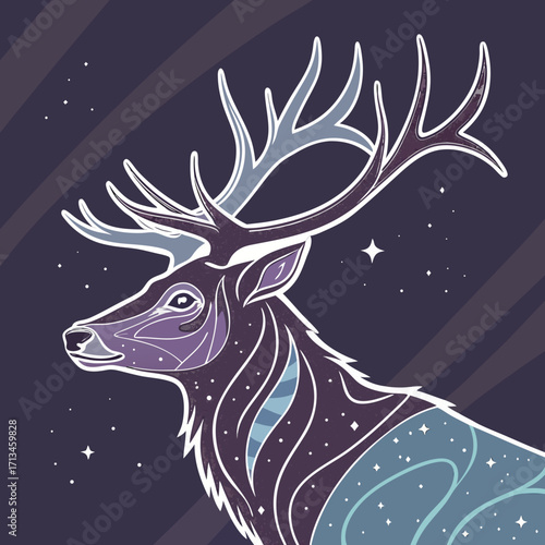 Majestic stag with cosmic antlers and starry night sky background in a stylized artistic illustration