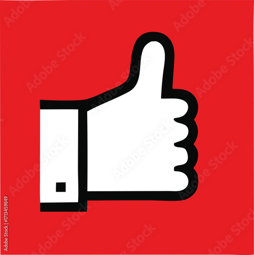 Thumb up icon expressing approval and positivity against a bright red square background symbolizing social media and online engagement