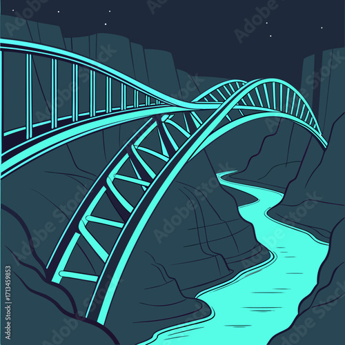 Modern arch bridge spanning a deep canyon with a winding river below under a starry night sky