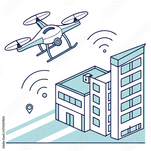 Modern drone flying over contemporary buildings with wireless signals and location pin indicating smart city technology and urban surveillance concepts